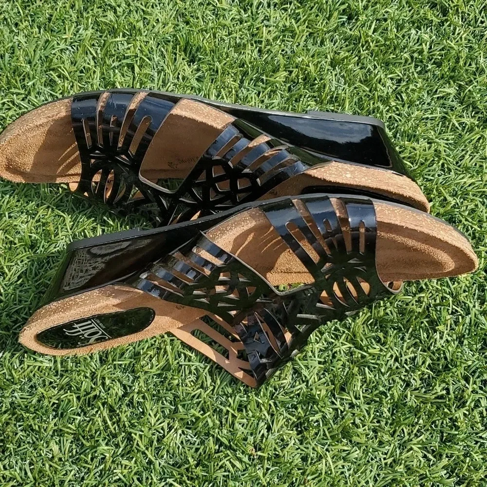 Sofft Venice Black Patent Leather Slip on Wedges with a Natural Leather Lining